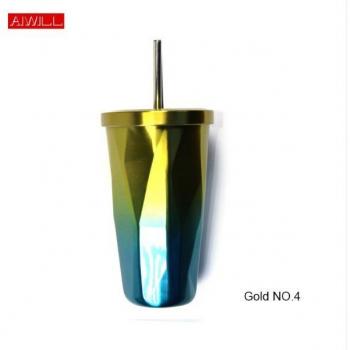 AIWILL 500ML Double-Layer Stainless Steel Rainbow Irregular Coffee Cup with Straw