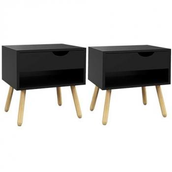 Lot de 2 tables de chevet design scandinave - tiroir, niche - piètement bois pin - noir