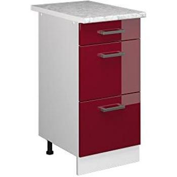 Mobiletto base per cucina R-Line, Rosso Bordeaux lucido, 40 cm con cassetti e top in marmo Vicco