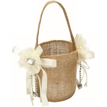 Vintage Wedding Flower Girl Basket with Bowknot and Wood Heart
