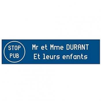 Plaque Boite aux Lettres Stop PUB Format Decayeux (100x25mm) Bleu avec Lettrage Blanc - 2 Lignes - Plaque Bleue - Texte Blanc - Dimension de la Lettre : 2,5 cm