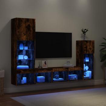 Unità Mobili TV a Muro 4pz con Illuminazione LED in Rovere Fumo