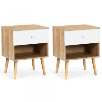 Comodini Scandinavi EMMIE (Faggio & Bianco) – Set di 2 con Cassetto