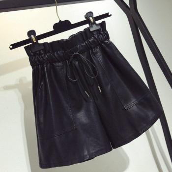 Korean Style High Waist Black Leather Shorts