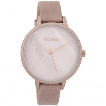 Ozzoo Damen-Uhr 40 mm – Weiß/Pinkgrau Lederband, Perlmutt‑Touch (C9588)