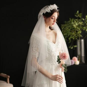 HONGFUYU White Lace Flower Bridal Veil for Women - Two Layers Wedding Veil V647