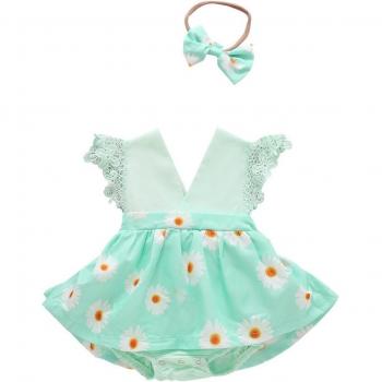 Cotton Floral Ruffle Romper with Headband for Infants