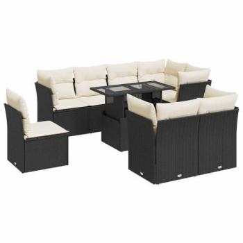 Set Divani da Giardino 9 pz con Cuscini Nero in Polyrattan
