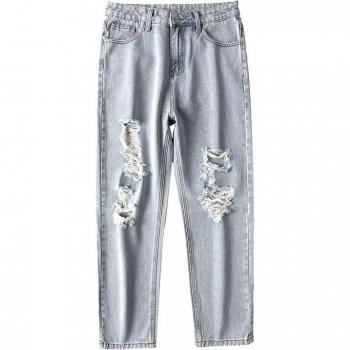 Jeans rasgados para hombre, pierna ancha, corte recto, holgado, color azul claro, moda callejera, Hip Hop, hasta el tobillo