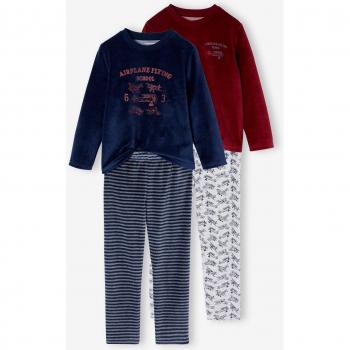 Pack Douceur VERTBAUDET – Pyjamas Avion en Velours, Bordel Rouge (Garçon)
