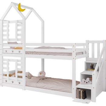 Lit superposé urbain en bois blanc avec rangement intégré 90x200cm
