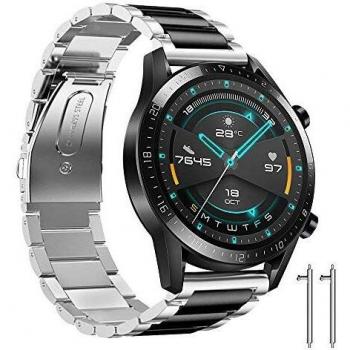 Huawei Watch GT 2 Bracelet, Butterfly Double Pressure Clasp Stainless Steel Replacement Strap for Huawei Watch GT 2e/GT 46mm/GT Bracelet - Black+Silver