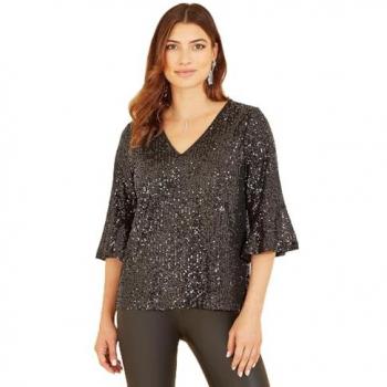 Fluted Sleeve Black Sequin Top for Women - Size 18