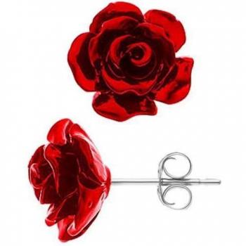 Boucles d'Oreilles Roses Rouges en Argent Massif 925 avec Système Poussette - Bijoux Femme
