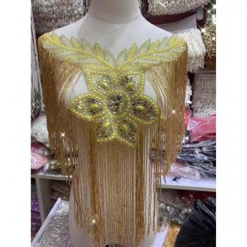 Royal Blue Gold Silver Single-Sided Wedding Embroidered Collar with Beaded Tassels and Fringe Appliques