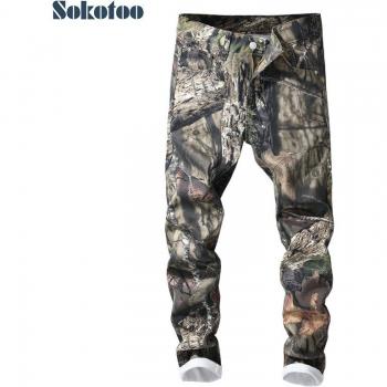 Sokotoo Herren Denim 3D‑Print – Schlank, Tintenfarben, Kunsthosen
