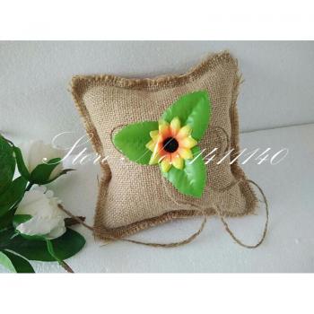 Natural Burlap Ring Bearer Pillow with Sunflower and Jute Twine 5.9 x 5.9