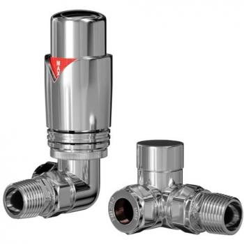 Chrome Round Thermostatic Corner Radiator Valve by Dias, Dimensions: 70mm x 117.8mm x 50.4mm