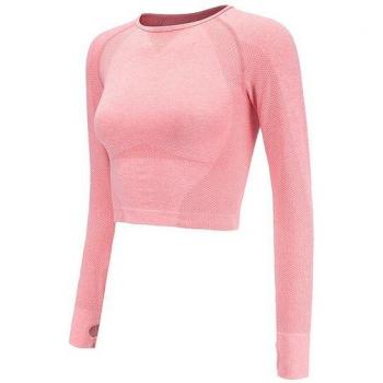 Fitted Pink Seamless Crop Top for Women - Long Sleeve Yoga Top with Thumb Hole