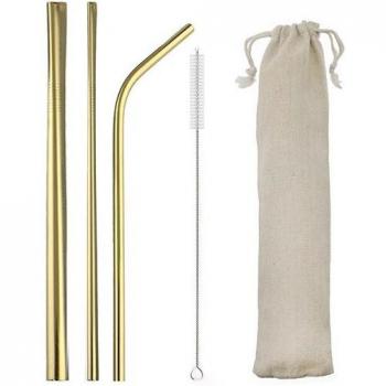 Pajita Curva Metal Plateado con Cepillo – Accesorio Premium de Bar