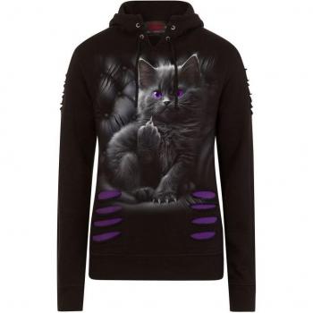 Cattitude Spiral Hooded Sweater – Black & Lilac, Sizes S–XXL