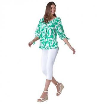 Floral Print Green Bardot Top with Tie Sleeves for Women - Size 18 UK