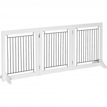 Pawhut Dog Gate, Freestanding Pet Gate, Wooden Puppy Fence Foldable Design With 61 Cm Height 3 Panels, 2 Support Feet, For House Doorway Stairs White