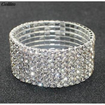 Bracelet en cristal argenté élastique pour femmes, 1 à 8 rangées, strass, bijoux de mariée