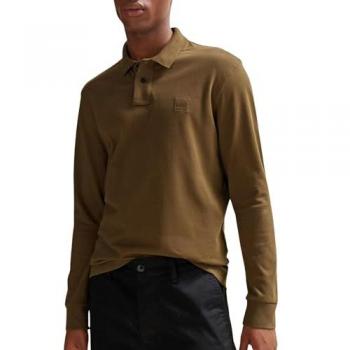 Boss Orange Passerby Mens Long Sleeve Stretch-Cotton Polo Shirt with Logo Patch - Brown 368 - XXL