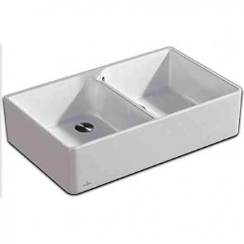 Évier double cuve en céramique Villeroy et Boch, garniture de vidange excentrique, Stone White