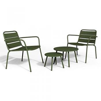 Vente-unique Salon de jardin en métal - 2 fauteuils bas empilables et tables gigognes - Kaki - MIRMANDE de MYLIA