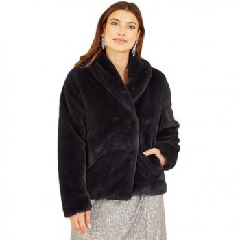 Short Black Faux-Fur Wrap Coat, 10 UK