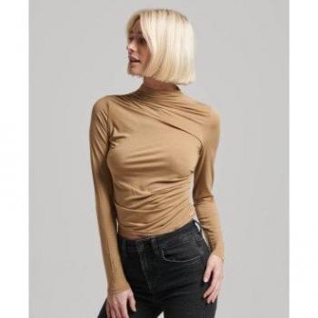 Damen Langarm T-Shirt Superdry Perkins Rüschenschnitt Braun M Modal