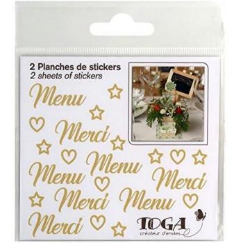 Autocollant Menu Mariage Merci or, 2 planches 10 x 10 cm