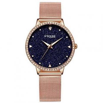 Alienwork Armbanduhr Damen Quarz Rose-Gold Metall Mesh Edelstahl schwarz Marmor Zifferblatt Strass-Steinen
