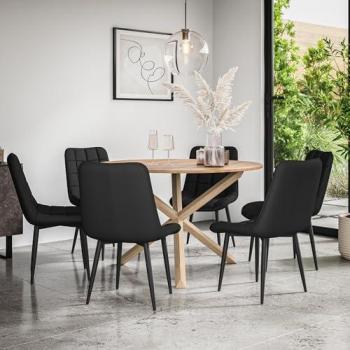 Malvern Oak Round Dining Table & Nova Leather Set – 6 Chairs, Black Finish