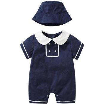 Navy Blue Sailor Baby Jumpsuit with Hat - Short Sleeve Toddler Outfit