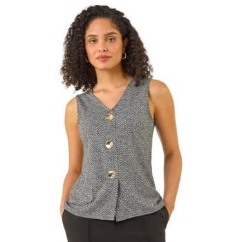 Roman Charcoal Herringbone Mock‑Button Waistcoat for Women, Size 16