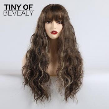 Lange Welle Afro Perücke mit Pony für schwarze Frauen - braun-grau, wellig, synthetische Faser