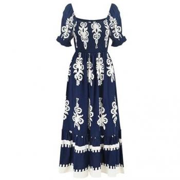 Yumi Navy Ruched Block Print Viscose Midi