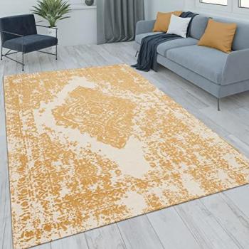 Tappeto Salotto Moderno Pelo Corto Vintage Motivo Orientale 120x170 cm, Bianco-Giallo