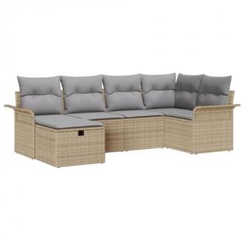 Divano da Giardino 6 Posti con Cuscini Beige in Polirattan