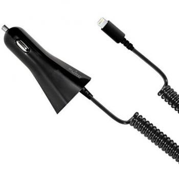 Cargador coche PURO Lightning MFI 1A cable rizado 1.5m negro