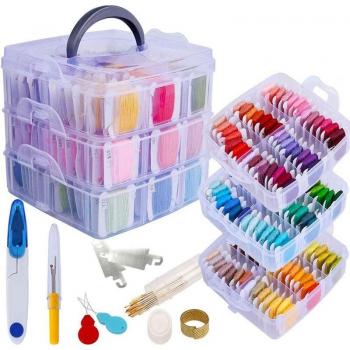 150 Color Embroidery Thread Set with Floss Bins and Cross Stitch Accessories