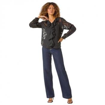 Floral V-Neck Ruffle Burnout Blouse