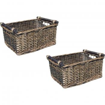 Set of 2 Kitchen Log Fireplace Wicker Storage Basket With Handles - Oak, 31 x 25 x 16 cm