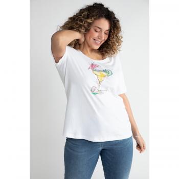 Embellished Plus Size Tropical Cocktail Round Neck Tee for Women, White, Size 16/18, Cotton