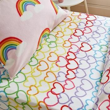 Catherine Lansfield Rainbow Hearts Cosy Fleece Bed Linen Fitted Sheet Pink