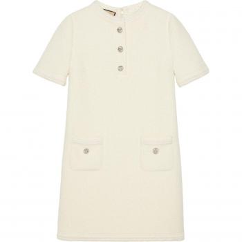 Gucci, Knitted Dresses, female, White, Size: M White Wool Tweed Dress with Signature Buckle