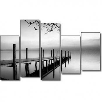 DekoArte - Cuadros Modernos Impresión de Imagen Artística | Lienzo Decorativo | Zen Blanco y Negro Paisaje de Agua | 5 Piezas 150x95cm